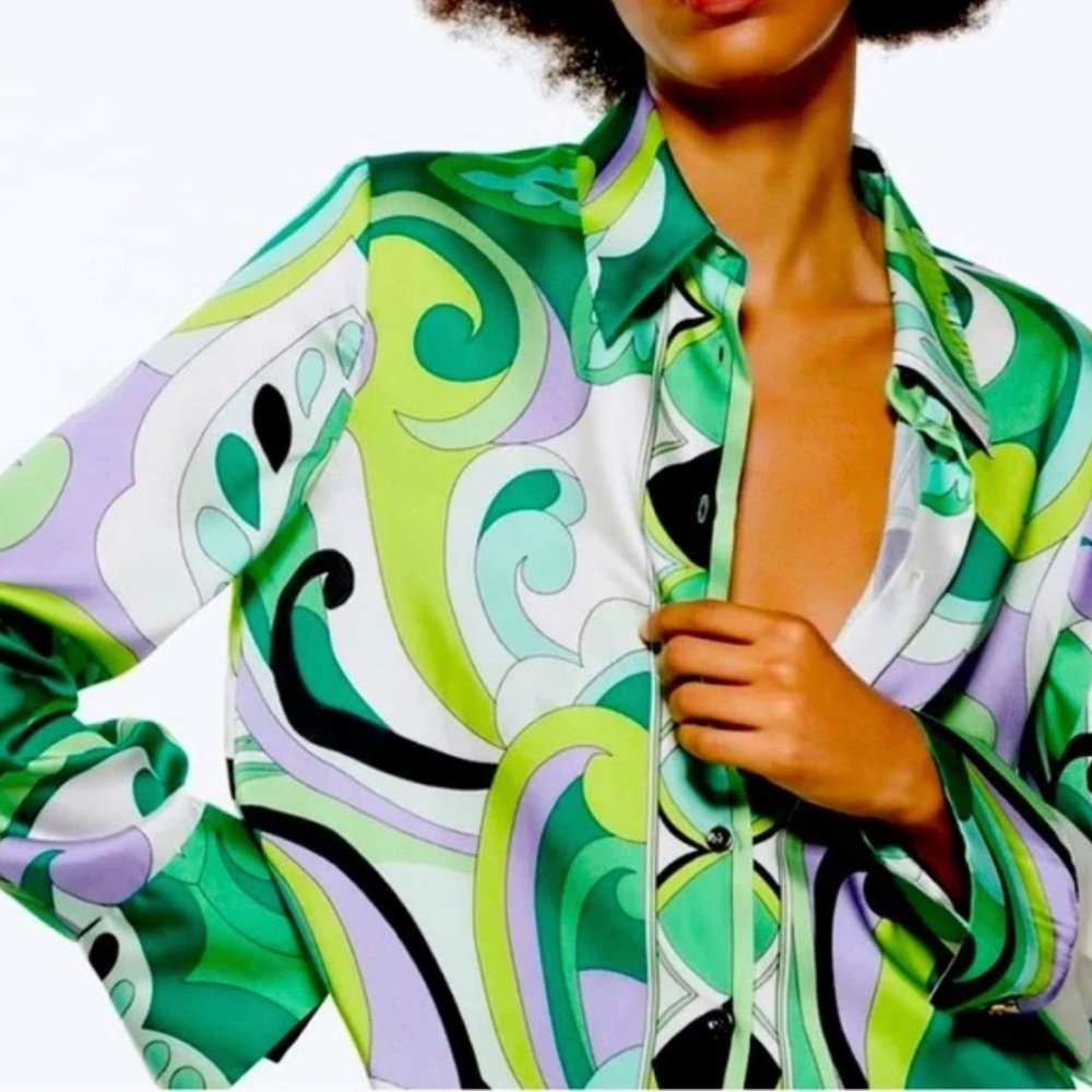NWT Zara Green Printed Silky Blouse